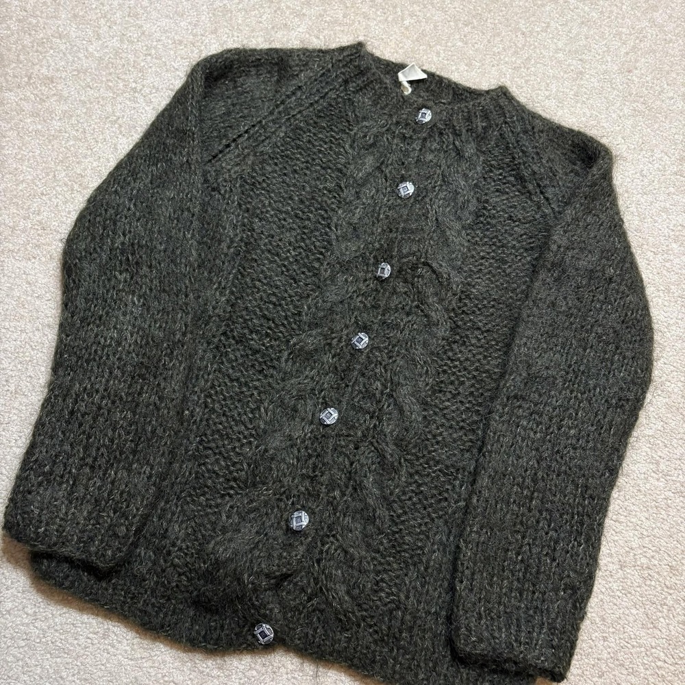 Vtg Mohair Cardigan Sweater Womens M Green Hand Knit Cable Shaggy Grunge 50s 60s - Picture 9 of 9